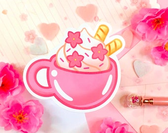 Kawaii i słodka naklejka na napój z kwiatem wiśni (Sakura) | Wykrojnik, dziennik pocisków, planer, laptop, błyszcząca naklejka jumbo, słodkie i kawaii jedzenie