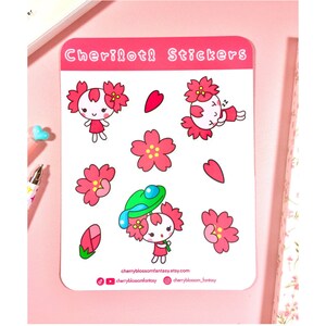 Kawaii y linda flor de cerezo (Sakura) Hoja de pegatina de personaje / corte de beso, diario de balas, planificador, brillante