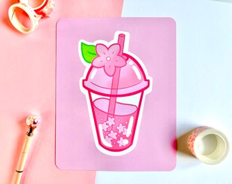 Cute Art Print- Sakura Boba/ Bubble Tea: Kawaii Art Print | Wall Decor | Pastel Print | Aesthetic Art Print | Food Print | Square Print