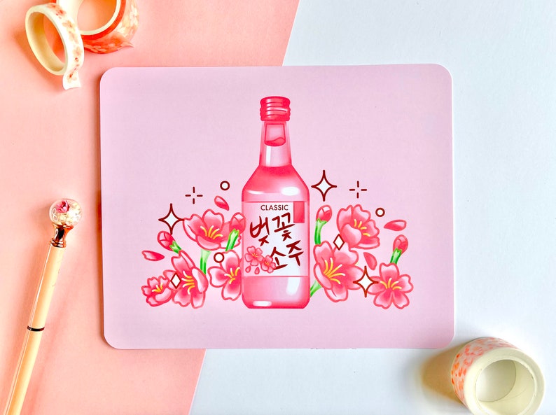 Cute Art Print Sakura Soju: Kawaii Art Print Wall Decor Pastel Print Aesthetic Art Print Korean Food Print Square Print image 1