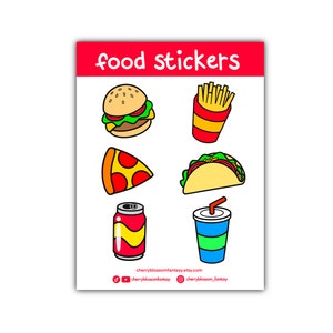 Süßes Essen/ Junk Food/ Fast Food Sticker Sheet (Burger, French Fries, Pizza, Taco, Soda Drink) | Kiss cut, Bullet Journal, Planer, glänzend