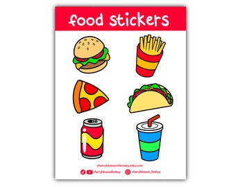 Cute Food/ Junk Food/ Fast Food Sticker Sheet (Burger, French Fries, Pizza, Taco, Soda Drink) | Kiss cut, bullet journal, planner, glossy