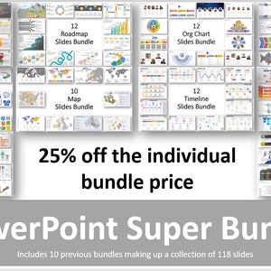 May include: A PowerPoint Super Bundle featuring 10 different slide bundles, including SWOT, Roadmap, Org Chart, Root Cause Analysis, Slides of Graphics, Map, Timeline, Process Map, and two Infographic bundles. The bundle contains 118 slides in total and is 25% off the individual bundle price.