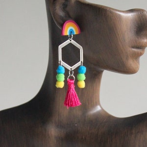 Geometric Unique Handmade Colorful Hexagon Rainbow Pride Funky Tassel Pompom Statement Dangle Earrings