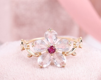 18K Rose Quartz Flower Ring, Pink Crystal Floral Ring, Japan Peach Blossom Ring, Bloom Moissanite Ring, Enchant Daisy Flower, Sunflower Ring