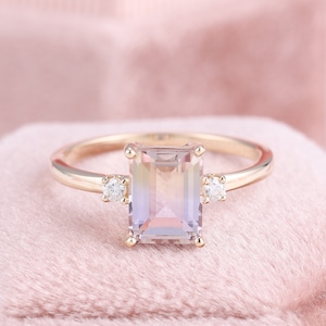 Natural Ametrine Ring, Purple Amethyst Citrine, Biocolor Gem, Dreamy Violet Soft Yellow Hues, Emerald Cut Gemstone Ring, Anniversary Ring