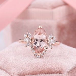 Natural Champagne Morganite Rose Gold Ring, Marquise Pink Morganite Cocktail Ring, Diamond Cluster Engagement Rings, Art Deco Promise Rings