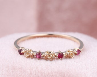 Vintage Roses Flower Ruby Wedding Band, Victorian Rose Gold Half Eternity Ring, July Birthstone, Antique Gemstone Rings, Natural Ruby Rings