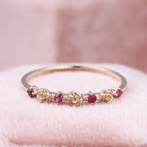 Vintage Roses Flower Ruby Wedding Band, Victorian Rose Gold Half Eternity Ring, July Birthstone, Antique Gemstone Rings, Natural Ruby Rings
