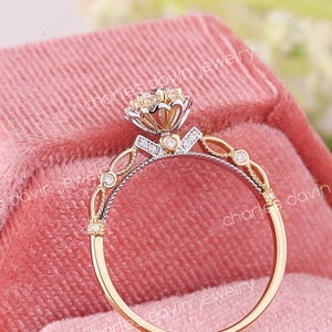 Vintage Two Tone Wedding Ring, Unique 2 Tone Moissanite Engagement Ring, Gold Heart Side Profile, Flower Solitaire Diamond Cute Promise Ring