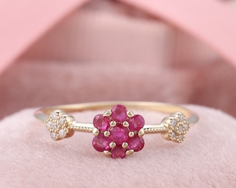 Ruby Red Birthstone Rings, Vintage Ruby Flower Ring, Floral Engagement Rings, Art Deco Ruby And Diamond Ring, Lotus Flower Promise Rings