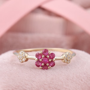 Ruby Red Birthstone Rings, Vintage Ruby Flower Ring, Floral Engagement Rings, Art Deco Ruby And Diamond Ring, Lotus Flower Promise Rings
