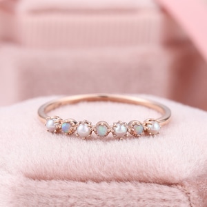 Opal And Akoya Pearl Eternity Ring, Rose Gold Opal Band Rings, Japanese Akoya Pearl Ring, Opal Anniversary Band, Stackable Wedding Rings