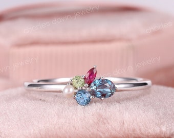 5 Stone Mothers Ring, Personalized Rings, Pearl Alexandrite Ring, June Birthstone Ring, Family Rings For Mom Ring, Custom Birthstone Jewelry