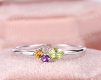 Unique 4 Stone Mothers Ring, Custom Mom Ring, Statement Peridot Ring, August Birthstone, Mother Daughter Ring, Custom Birthstone Jewelry