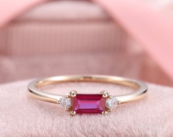 Baguette Ruby And Diamond Ring, Genuine Ruby Rings, Minimalist Gold Ring, Dainty Promise Ring, Custom Birthstone Ring, Simple Stackable Ring