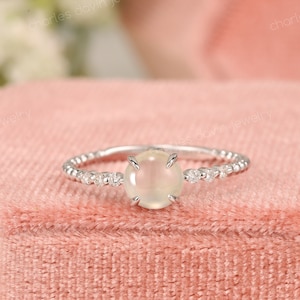 Round Cabochon Icy Jade Diamond Engagement Ring, Grade A Burmese Jadeite Ring, Minimalist Jade Diamond Ring, Dainty Solitaire Jadeite Rings