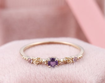 Vintage Rose Amethyst Wedding Band, Custom Mothers Ring, Personalized Family Birthstone Ring For Mother, Moms Ring, Dainty Stackable Rings