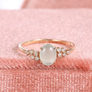 Authentic Icy Jadeite Cluster Diamonds Engagement Ring, Grade A Oval Cabochon Jadeite Dainty Promise Ring, 4 Prong Solitaire Wedding Rings