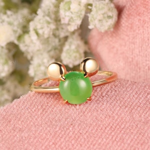 Apple Green Jade Engagement Ring, Cute Micky Mouse Ears Jade Ring Singapore, Round Cabochon Jadeite Promise Ring, Real Grade A Burmese Jade