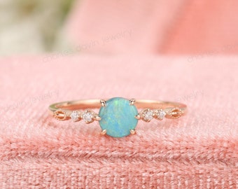 Australian Blue Opal Engagement Ring, Natural Rainbow Opal Ring, Blue Fire Opal October Birthstone, Dainty Blue Opal Diamond Promise Rings