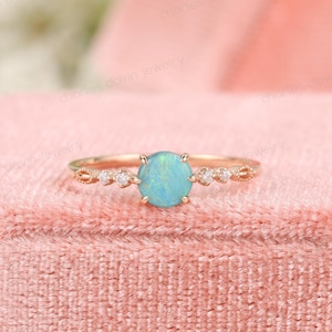 Australian Blue Opal Engagement Ring, Natural Rainbow Opal Ring, Blue Fire Opal October Birthstone, Dainty Blue Opal Diamond Promise Rings