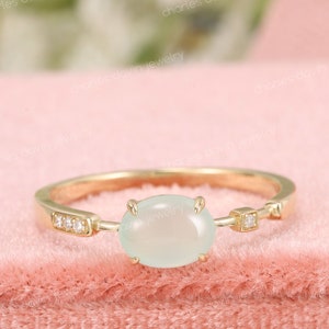 Icy Translucent Jadeite East West Engagement Ring, Oval Cabochon Ice Jadeite Promise Ring, Light Green Jade Anniversary Band, Stackable Band