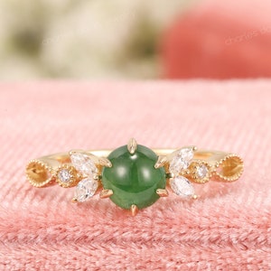 Jadeite Round Cabochon Diamond Ring, Imperial Jade Engagement Ring, Type A Jade Ring, Real Jadeite Wedding Ring, Grade A Burma Jade Jewelry