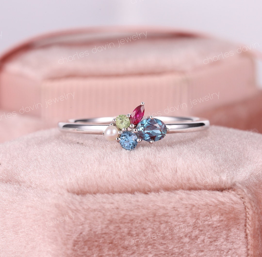 5 Stone Mothers Ring, Personalized Rings, Pearl Alexandrite Ring, June