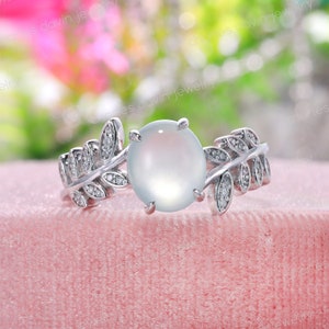 Icy Translucent Oval Jade Diamond Leaf Wedding Band, White