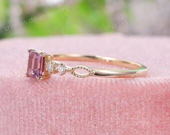 MHT　Miniature Princess Ring (Spinnel) Princess Cut Halo Gray Spinel & Diamond Engagement Ring 14K