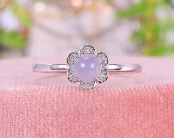 14k Gold Lavender Jadeite Cabochon Ring, Purple Jade Diamond Ring, Flower Engagement Ring, Art Deco Ring, Personalized Anniversary Ring