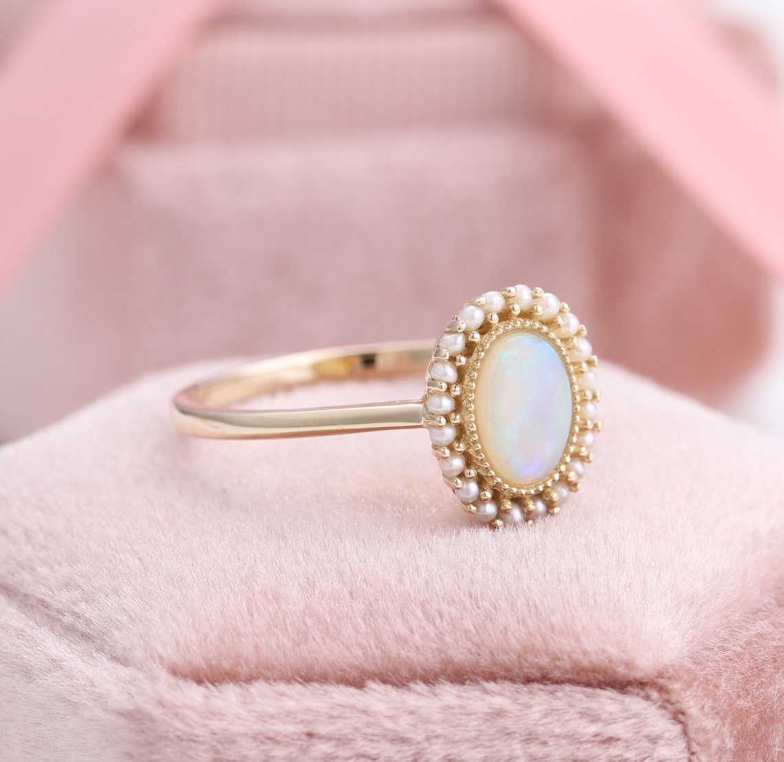 Vintage Opal Ring, Natural Australia Opal Halo Freshwater Pearl Ring ...