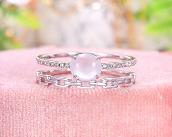 14k White Gold Oval Cabochon Ice Jadeite Wedding Ring, Unique Double Row Cuban Chain Link Ring, Pave Diamond Hoops Ring, Stylish Dainty Ring