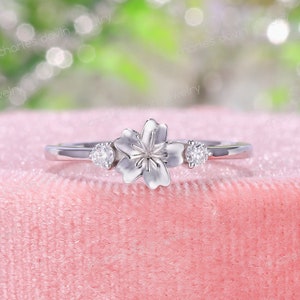 サイドジェムストーン付き桜の花のリング、ツインジェム付き桜のリング、デュアルサイド誕生石付き花のリング、母と子のリング