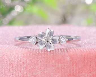 Sakura Flower Ring With Side Gemstones, Cherry Blossom Ring With Twin Gems, Floral Ring With Dual Side Birthstone, Mother And Child Ring