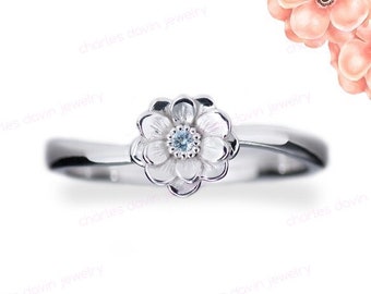 Anello con fiore di anemone 14K, anelli di fidanzamento floreali unici, anello regalo di compleanno per nipote, anello in oro delicato, anello con fiore di moissanite e diamanti