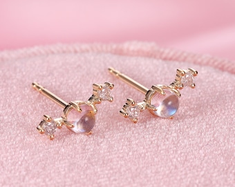 Natural Moonstone Cabochon Earrings, Rainbow Moonstone Diamond Studs Earring, Solid Gold Earrings, Cute Earrings, Bridesmaid Earrings