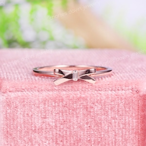 Anillo de compromiso de arco 3d, anillo de cinta delicada, anillo de pajarita de diamante baguette, anillo de promesa lindo, regalo para ella, anillo minimalista de mejor amistad