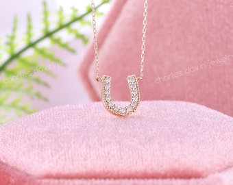 14k Solid Gold Horseshoe Diamond Ketting, Horse Shoe Good Luck Charm Ketting, Delicate Ketting Minimalistische Ketting, U Vorm Gelaagde Ketting