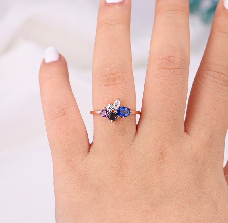 Custom Gemstone Cluster Engagement Ring, Custom Heirloom Ring, Personalized Mothers Rings, Birthstone Motherhood Ring, Family Rings For Mom image 6