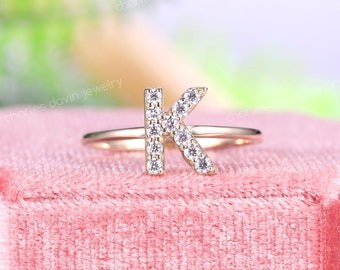 14K Solid Gold K Letter Diamond Ring, Personalized Alphabet Ring, Custom Initial Ring, Friendship Ring, Monogram Ring, Script Alphabet Ring