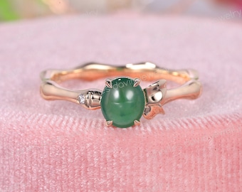 Green Jadeite And Diamond Engagement Ring, Unique Leaf Shaped Jade Ring, Lucky Bamboo Fine Wedding Band, Grade A Natural Burmese Jade