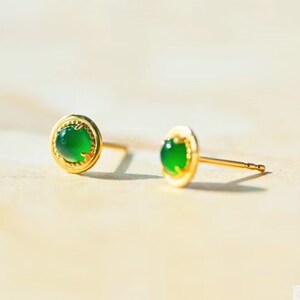 10mm Natural Green Jade Round Bead Gold Plated Stud Earrings - Handmade Nickel-Free