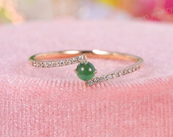 Mini Green Jadeite Bypass Promise Ring, Petite Engagement Ring, Delicate Solid Gold Ring, Minimalistic Jewelry, Grade A Natural Burmese Jade