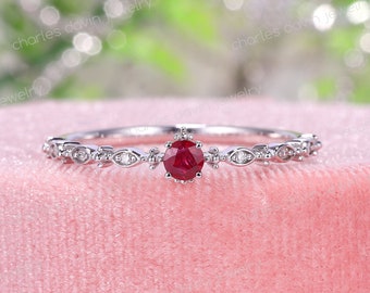 Delicate Ruby Birthstone Band, Dainty Ruby Stacking Ring, Pigeon Blood Red Ruby Stackable Band, Birthstone Stacker Ring For Petite Fingers