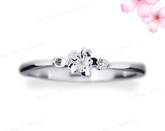 14K Japanese Sakura Ring, Cherry Blossom Ring, Mum Daughter Promise Rings Set, Cute Birthday Flower Ring, Dainty Floral Engagement Rings