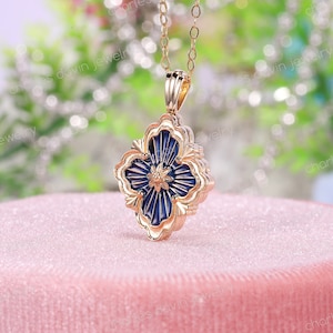 18k Yellow Gold Opera Tulle Pendant, Blue Enameled Element Blossom Charm, Radial Tulle Pattern Vintage Pendant, Botanical Garden Necklace