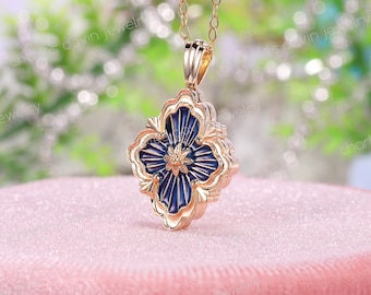 18k Yellow Gold Opera Tulle Pendant, Blue Enameled Element Blossom Charm, Radial Tulle Pattern Vintage Pendant, Botanical Garden Necklace