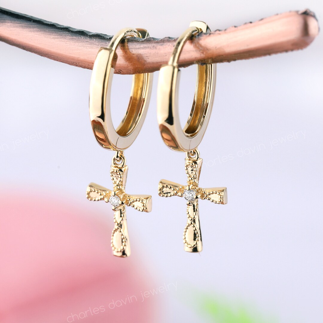14k 18k Real Solid Gold Cross Hoop Earrings, Minimalist Jesus Christ Cross Charm Pendant, Dangle